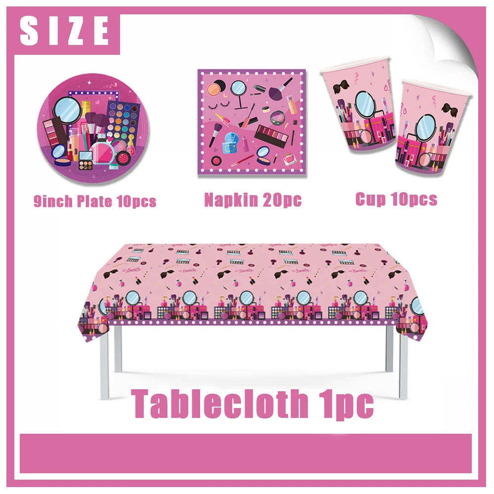 Girl's Birthday Party Supplies  Cosmetics Decorations Background Banners Disposable Cups Plates Knives Forks Spoon Gift Backdrop