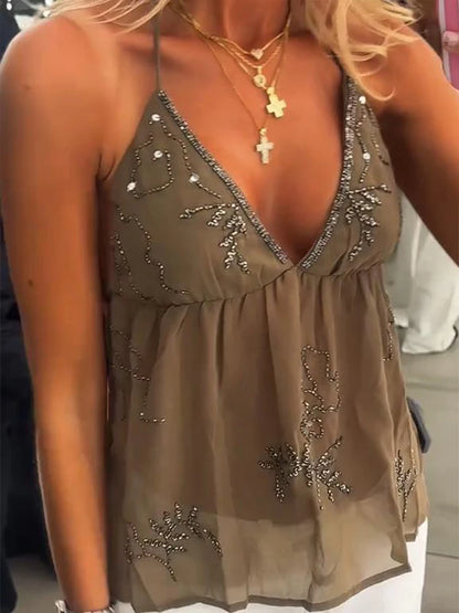 Sexy Backless Sequin Dress Women V-neck Sleeveless Loose Sling Female Mini Dresses 2025 Summer Chic Street Party Beach Lady Robe