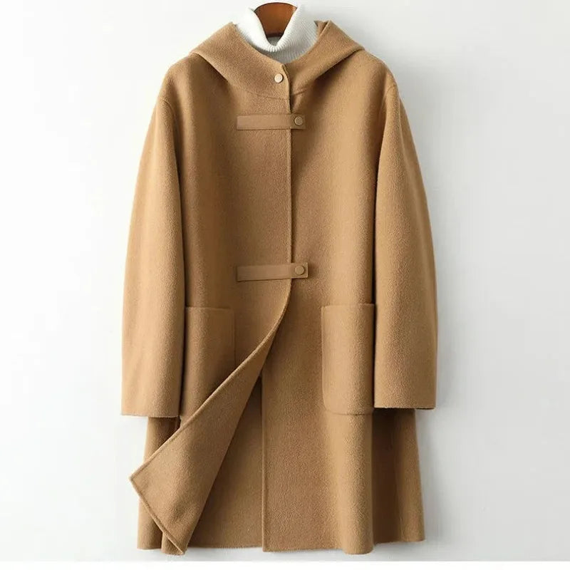 New Fashion Hooded Double-sided POLYESTER Coat Women Autumn Winter Double-sided Woolen Windbreakers Temperament Slim Wool Coats
