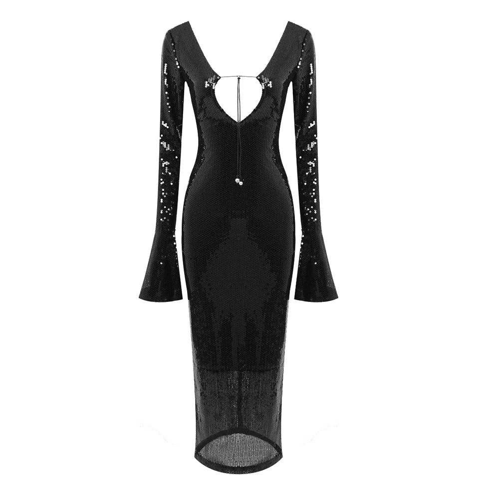 VC Dresses For Women 2022 Deep V Plunge Sexy Long Sleeves Ankle Length Sequins Bodycon Clothes Evening Dress Vestido