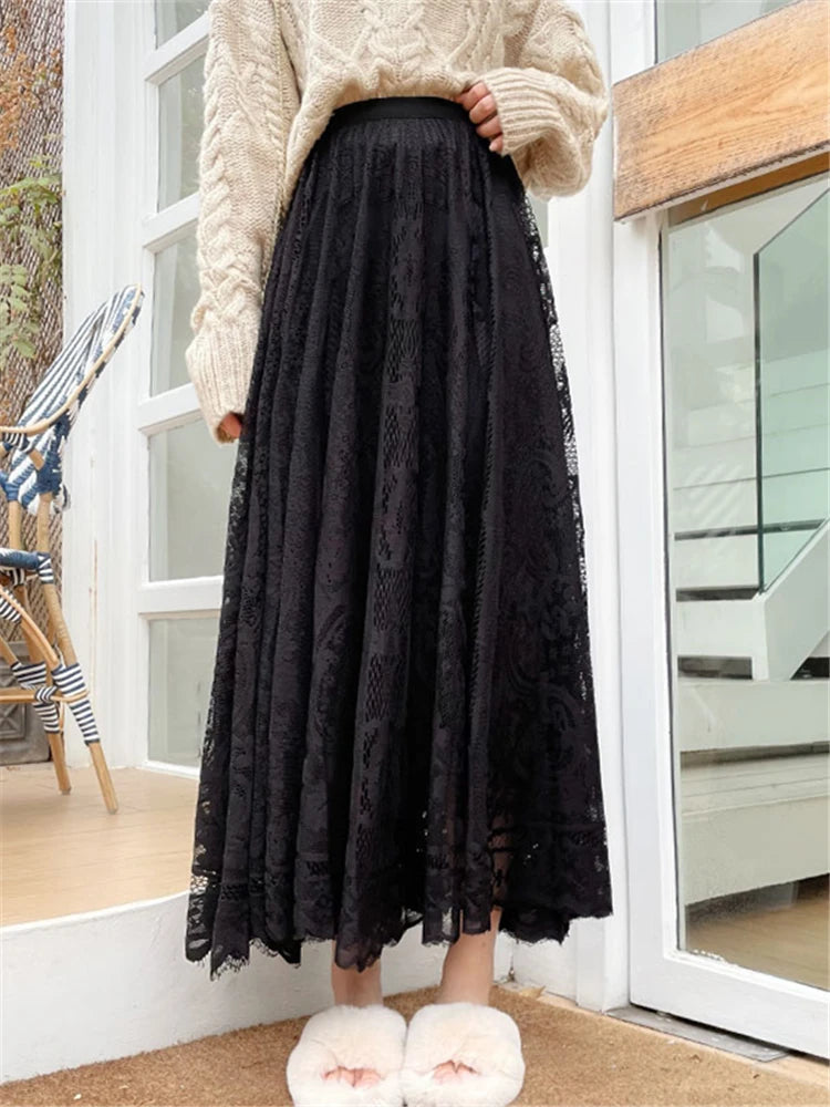 REALEFT Vintage Women's Lace Crochet Umbrella Long Skirts Bohemian High Waist Hollow Out Female Maxi Skirts Spring Summer