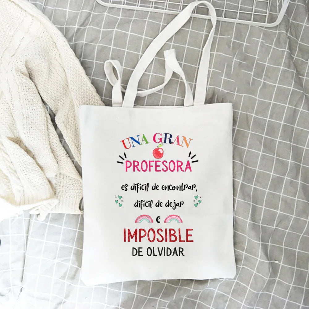 Spanish Printed Women Tote Bag Canvas Shopping Bags Female Travel Shoulder Bag Casual Handbag Graduation Thanks Gift for Teacher