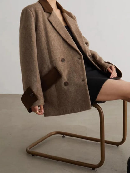 Panelled Patchwork Pockets Woolen Overcoat Women Vintage Turn-down Collar Long Sleeve Double Breasted Coats New Autumn Lady Tops