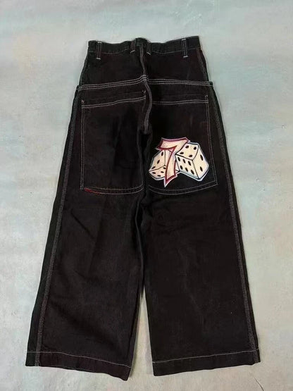 Men Women Retro Gothic High Waist Jeans Y2k Baggy Black Harajuku Hip Hop Pattern Embroidered Blue Denim Pants Wide Leg Jeans