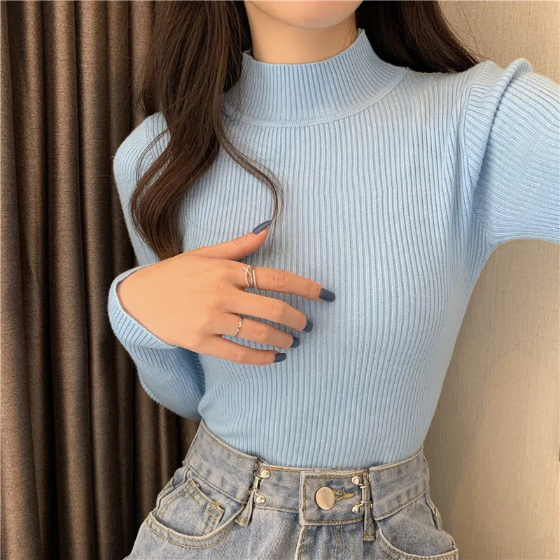 2026 Autumn Basic Bottoming Sweater Top Women Ribbed Soft Mock Neck Elastic Pullover Warm Solid Color Slim Jumper