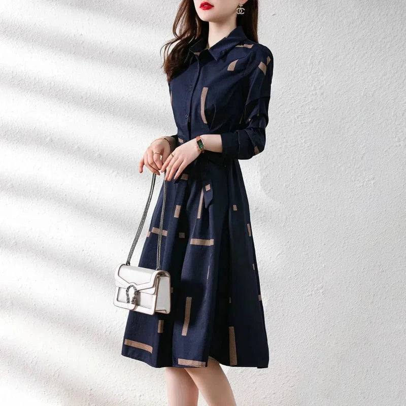 Simplicity Fashion Spring Shirt Dresses Women Lapel Geometric Print Button Belt Korean Office Lady Long Sleeve Slim Midi Dress