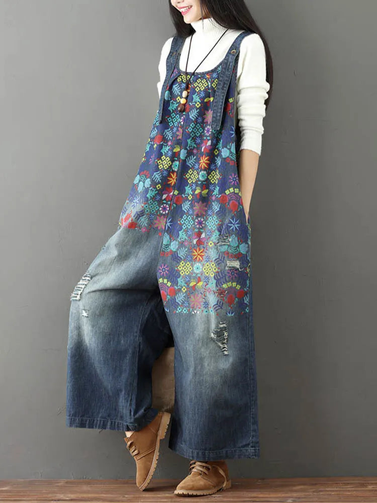 Amax luluE Streetwear 2025 Spring Flower Fashion Pants Women Vintage Printed Overalls Ladies Ripped Punk Jeans Bleached Trousers