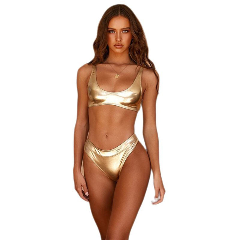 New Gilded Fabric Swimsuit Women Sexy Reflective Gold/Silver One-Piece/Two-Piece Bikini Double Layer Thick Material 2023 New