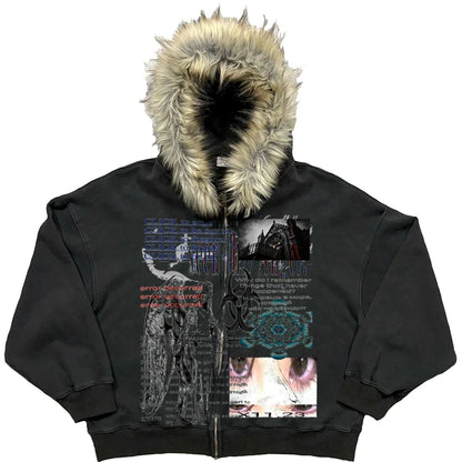 Y2k element horror parody plush thick warm fur collar hooded sweater lazy cardigan plush couple emo autumn and winter coat