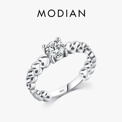 Modian 925 Sterling Silver Romantic Hollow Hearts Promise Ring For Women Fine Jewelry Sparkling Round 5mm CZ Rings Fine Jewelry