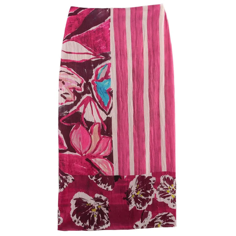 HXAO Women's Print Satin Skirt Summer 2025 Woman Vintage High Waist Long Skirt Midi Pencil Floral Slit Wrap Skirt Casual Skirts
