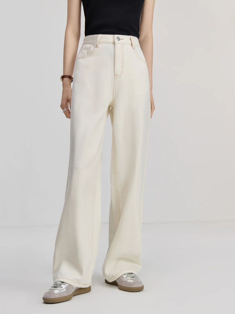 ZIQIAO Women Beige Full Length Women Jeans 2024 Autumn New High Waist Cotton Office Lady Casual Female Long Pants 24ZQ93118