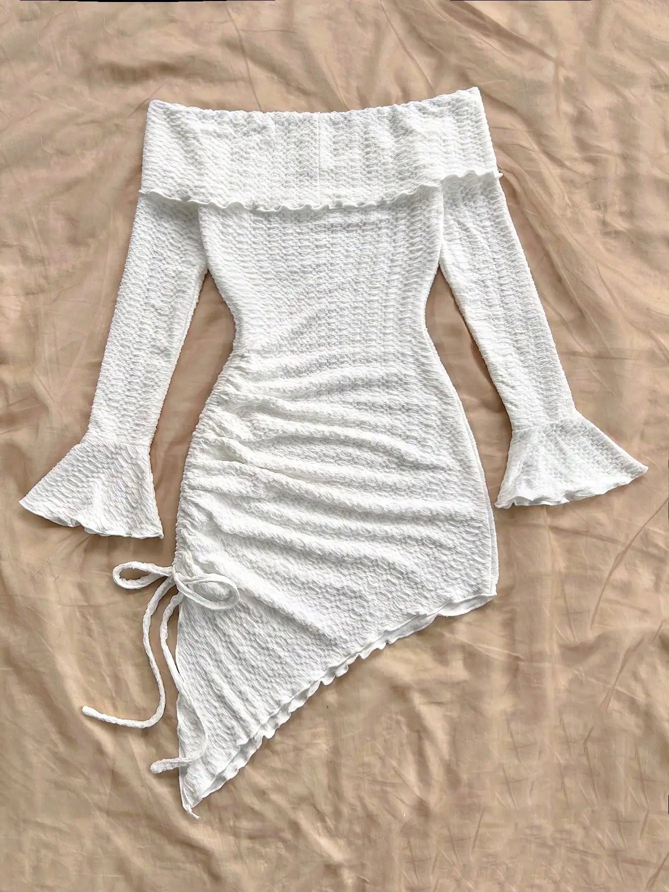 Spring and Summer Europe and the United States Style Pure Horn Long Sleeve Hollow Knit Smock Pleats Irregular Lazy Dress