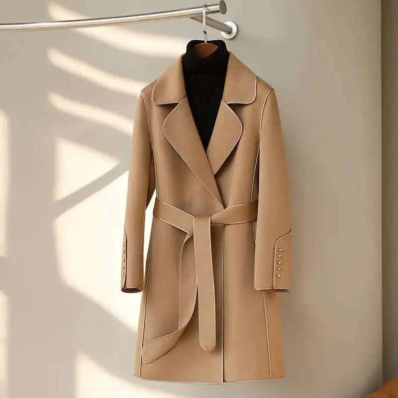 LANMREM 2023 Winter New Wool Coats For Women Lapel Long Sleeves Belt Coats Office Lady Fashion Streetwear Clothing 2DA2615