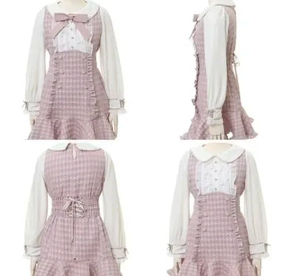Liz Japanese Mine Mass-Produced Sweet Girl Double-breasted Dress Classic Style Bow Grid Slim Long Sleeve Tweed Dress for Women