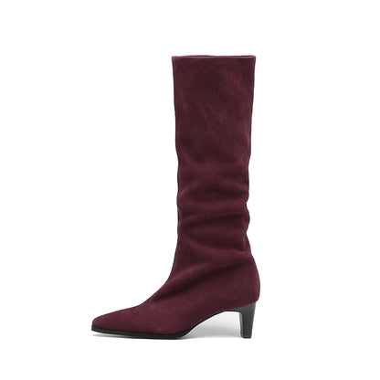2025 New Trend Cow Suede Women Autumn Winter Slip-On Boots Chocolate Burgundy High Chunky Heels Square Toe Lady Knee High Boots