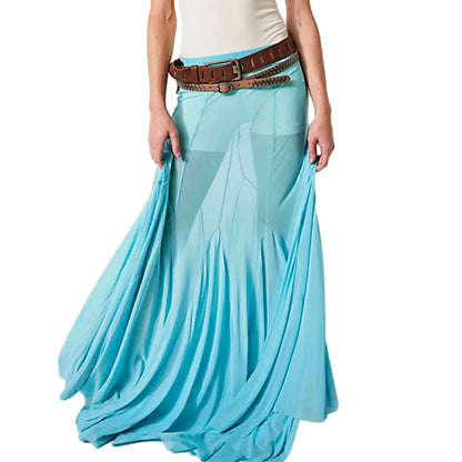 Sexy See Through Sheer Mesh Long Skirts Elastic High Waist Ruffle Hem Flowy Skirts Party A-line Midi Skirts Women Casual Clothes