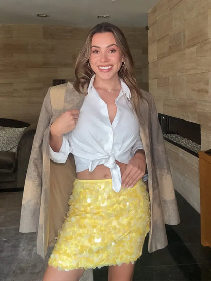 HH Women Fashion Yellow Sequin Mini Skirts Side Zipper High Waist A Line Skirt Summer Sexy Lady Elegant Club Party Skirts