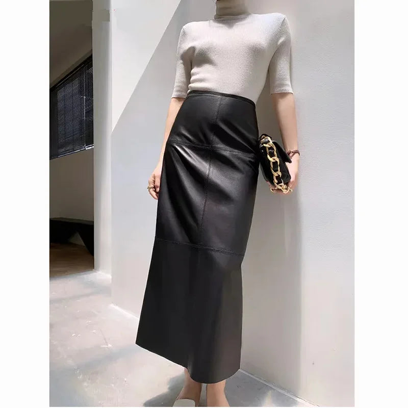 2025 Autumn/Winter Women Leather Maxi Skirt Feminino High End Vintage Back Split Wrapped Saias Slim Ankle Long Faldas Largas