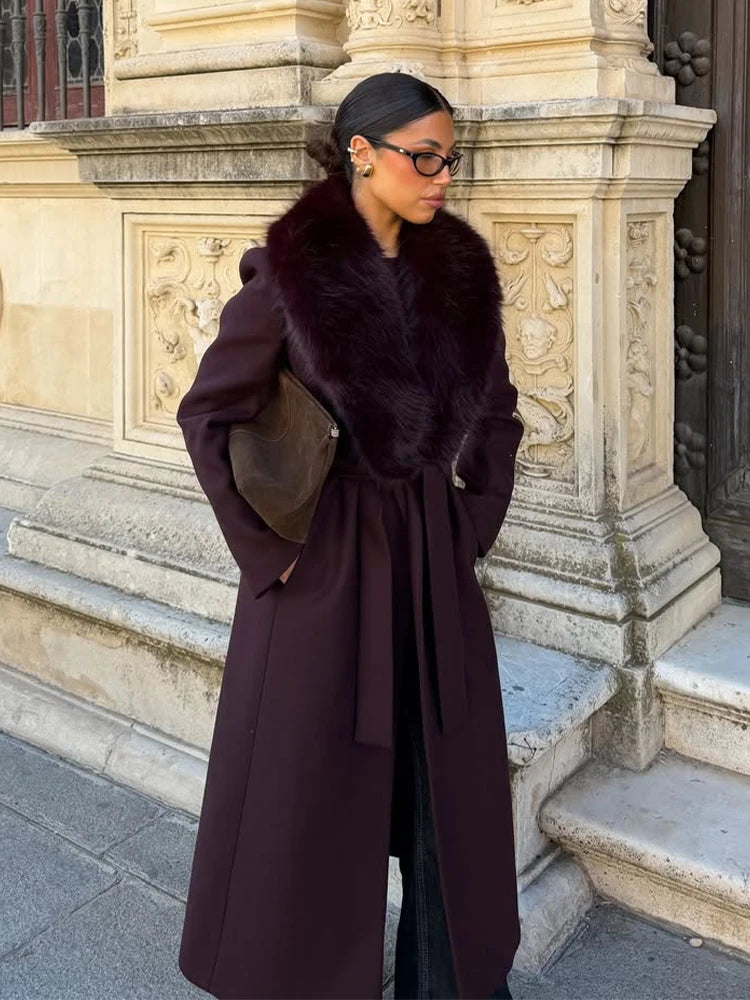 Fur Collar Patchwork V-neck Woolen Overcoat Women long Sleeve Waist Cinched Lace Up Coats Lady Party Daily Outdoor Casual Attire