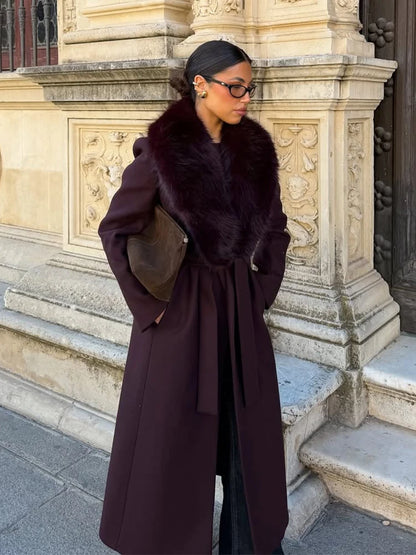 Fur Collar Patchwork V-neck Woolen Overcoat Women long Sleeve Waist Cinched Lace Up Coats Lady Party Daily Outdoor Casual Attire