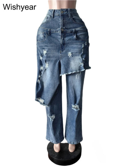 Casual Blue Stretch Denim Jeans with Apron Perforated Straight Wide Leg Trousers for Women Autumn Winter Streetwear Y2K Style