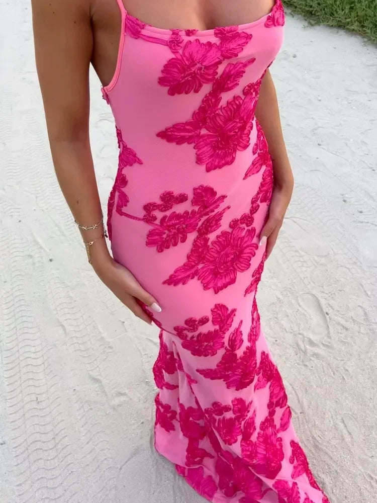 Rose Red Floral Embroidered Long Dress Women's Elegant Spaghetti Strap Off-shoulder Dresses Lady Summer New Vacation Beach Gowns