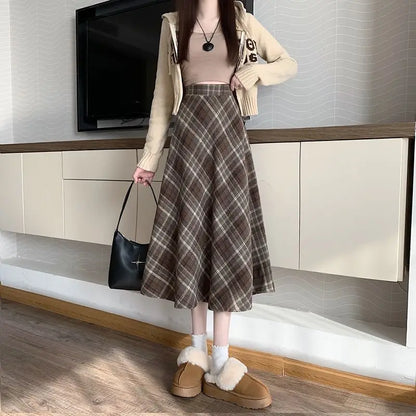 Coffee Wool Plaid Skirt for Women with High Waist Slim Skirt for A-line Midi-length Umbrella Skirt