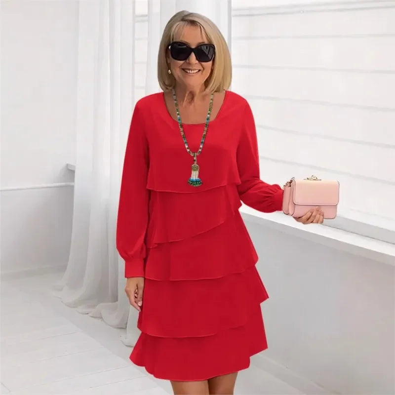 Autumn Women's Cake Chiffon Dress New Casual Elegant O-Neck Party Irregular Layered Long Sleeve Fashion Mini Dresses For Women