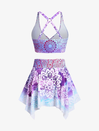 ROSEGAL Plus Size Women's Three-Piece Padded Tankini Swimsuit Stripe Colorblock Bikinis Set, Or Purple Ethnic Printed Swimwears