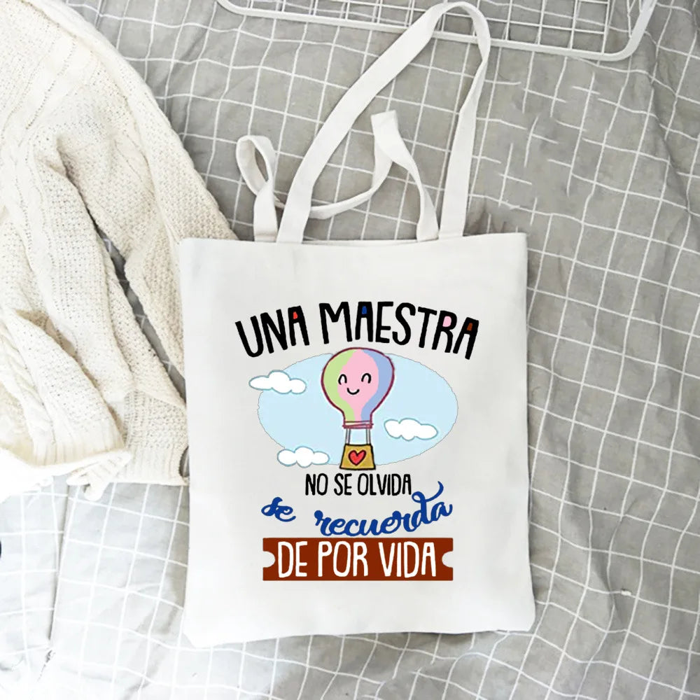 Spanish Printed Women Tote Bag Canvas Shopping Bags Female Travel Shoulder Bag Casual Handbag Graduation Thanks Gift for Teacher