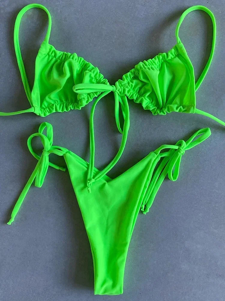 Sexy Printed Ruffled Frilled Thong Bikini Women Swimwear Female Swimsuit Two Pieces Bikini set Micro String Bathing Suit Swim