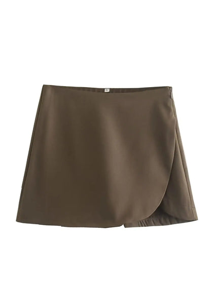 KONDALA Women Fashion 2025 Casual Mini Asymmetrical Skirts Shorts High Waist Back Pockets Wide Leg Skirts Zipper Female Shorts