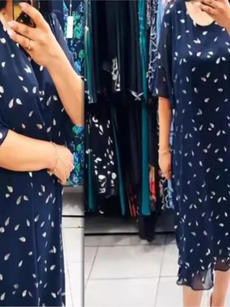 Fashion Print Midi Dress Summer Round Neck Short Sleeve Casual Loose Dress Elegant Women Splice Chiffon A Line Dresses Vestidos