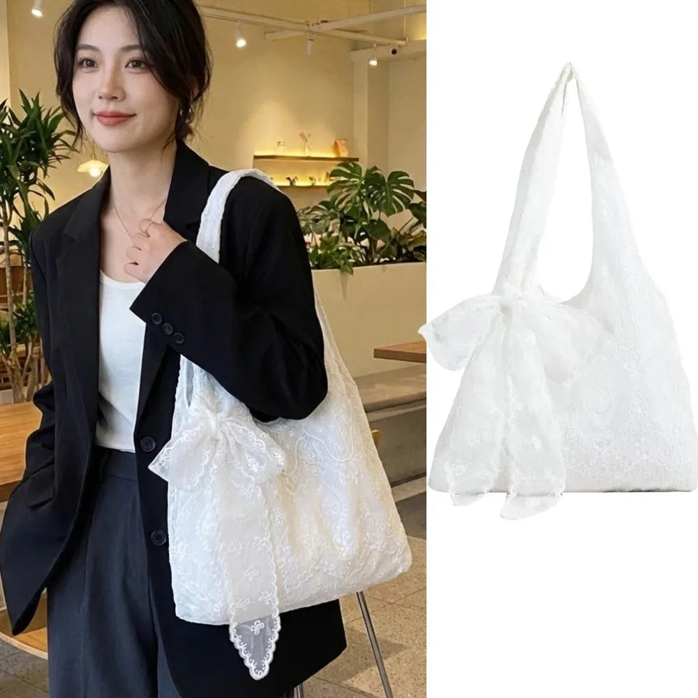 With Silk Scarf Floral Print Lace Handbag Lightweight Versatile Embroidery Lace Shoulder Bag Canvas Korean Style Tote Bag