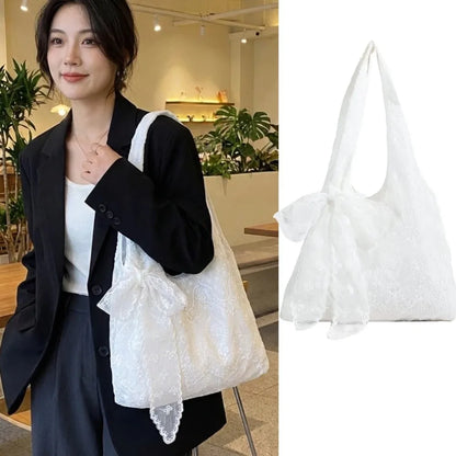 With Silk Scarf Floral Print Lace Handbag Lightweight Versatile Embroidery Lace Shoulder Bag Canvas Korean Style Tote Bag