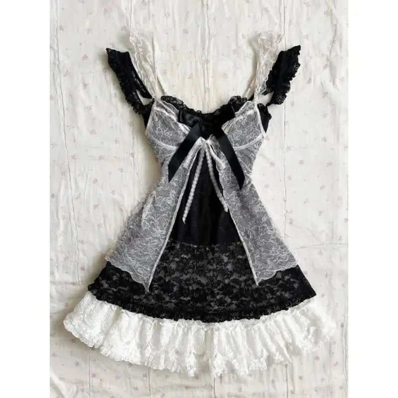 Summer Japanese Style Kawaii Lolita Dress Women Vintage Sweet Lace Bow Ruffles Cake Dresses Harajuku Y2k Slim Bandage Dress
