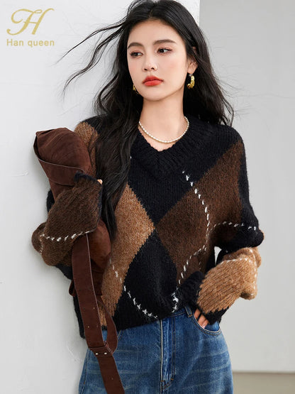 H Han Queen Winter Warm Thickened Lazy Diamond Plaid Loose Elastic Knit O-Neck Knitted Bottoming Women's Pullover Sweaters