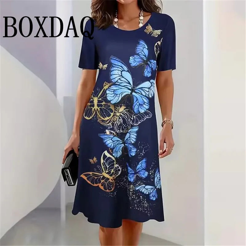 3D Butterfly Print Dress For Summer Women Party O-Neck Short Sleeve Dress Sundress Casual Elegant Ladies Loose Mini Dresses 2025