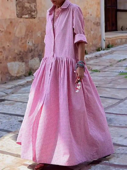 Fdey 2024 New Spring Autumn Long Sleeve Loose Button Casual Maxi Dresses Woman Korean Fashion Plaid Pleated Lapel Shirts Dress