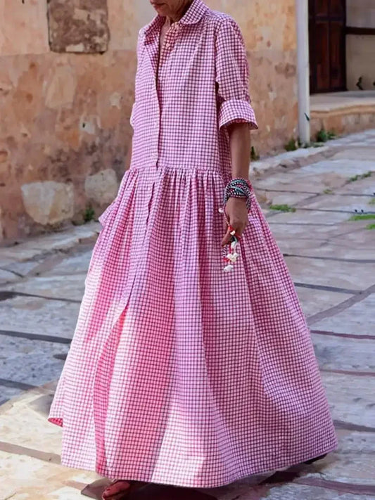 Fdey 2024 New Spring Autumn Long Sleeve Loose Button Casual Maxi Dresses Woman Korean Fashion Plaid Pleated Lapel Shirts Dress