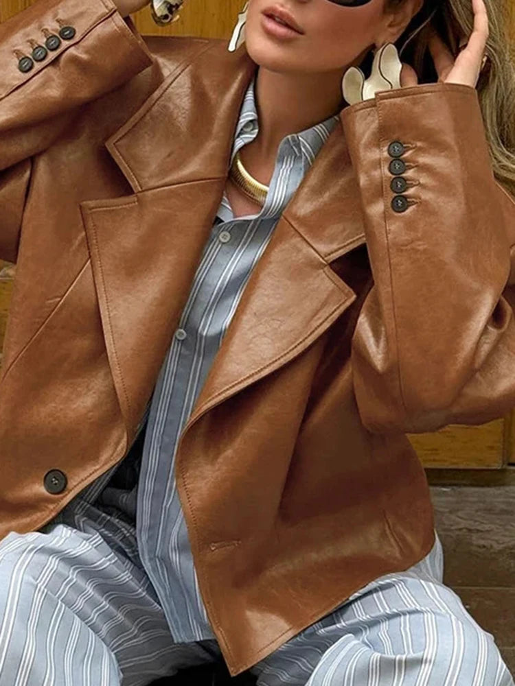 Aoaiiys Brown Jackets Women PU Leather Elegant Notched Collar Coat Buttons Long Sleeve Fashion Chic Outerwear Autumn Winter New