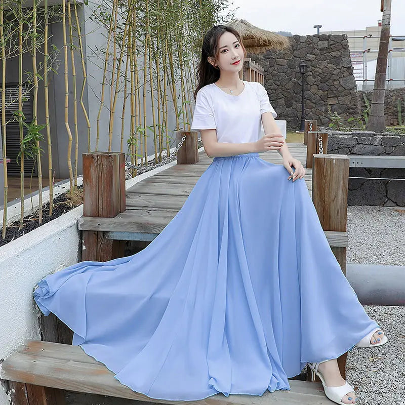 720 Degree Dance Skirt Pleated Long Skirt Women's Summer Solid Color High Waist Chiffon Long Skirt Large Swing Skirt