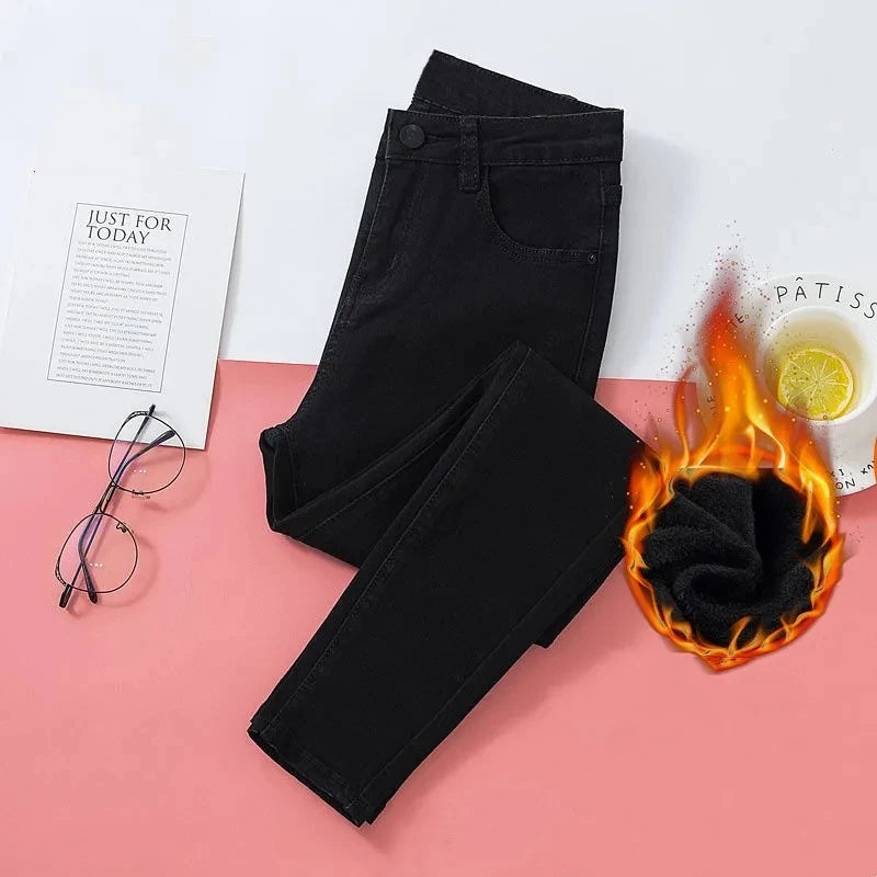 Women High Waist Thermal Jeans Winter Warm Stretchy Fleece Lined Denim Pants Leggings Blue Black Female Slim Pants Trousers