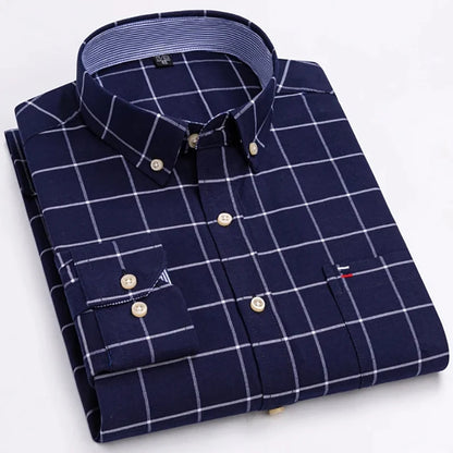 Men's Long Sleeve Oxford Dress Shirt 100% Cotton Plaid Checkered Chest Pocket Button Down Collar Casual Shirts