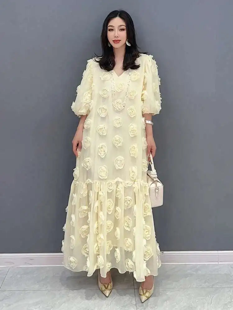 SHENGPALAE Fashion Rose Blossom Bubble Sleeve V-Neck Dress Elegan Chic Short Sleeve Robe Women's 2024 Summer New Clothing 5R3438