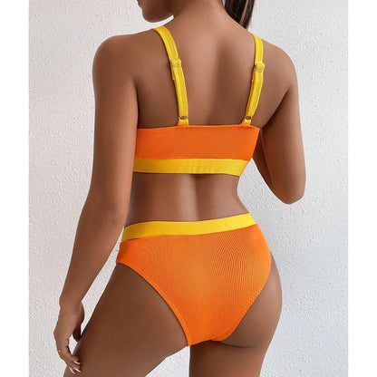 Custom LOGO women's clothing new special fabric threaded pit strip bikini color matching split swimsuit explosion