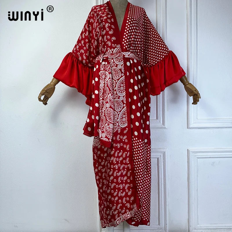 WINYI Summer Kimono party dress Beach Wear Swim Suit Cover up Africa women boho puff(ed) sleeves Cardigan sexy Holiday kaftan