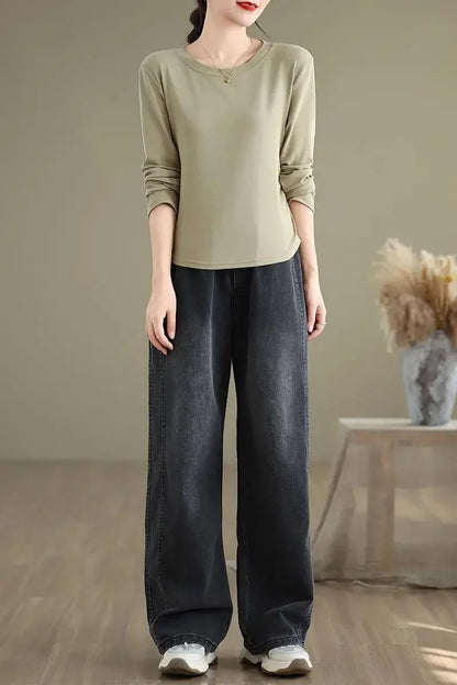 6294 Full Length Straight Basic Jeans Women Korean Style Elastic Waist Solid Color Simple Loose Casual Denim Pants Daily Trouser