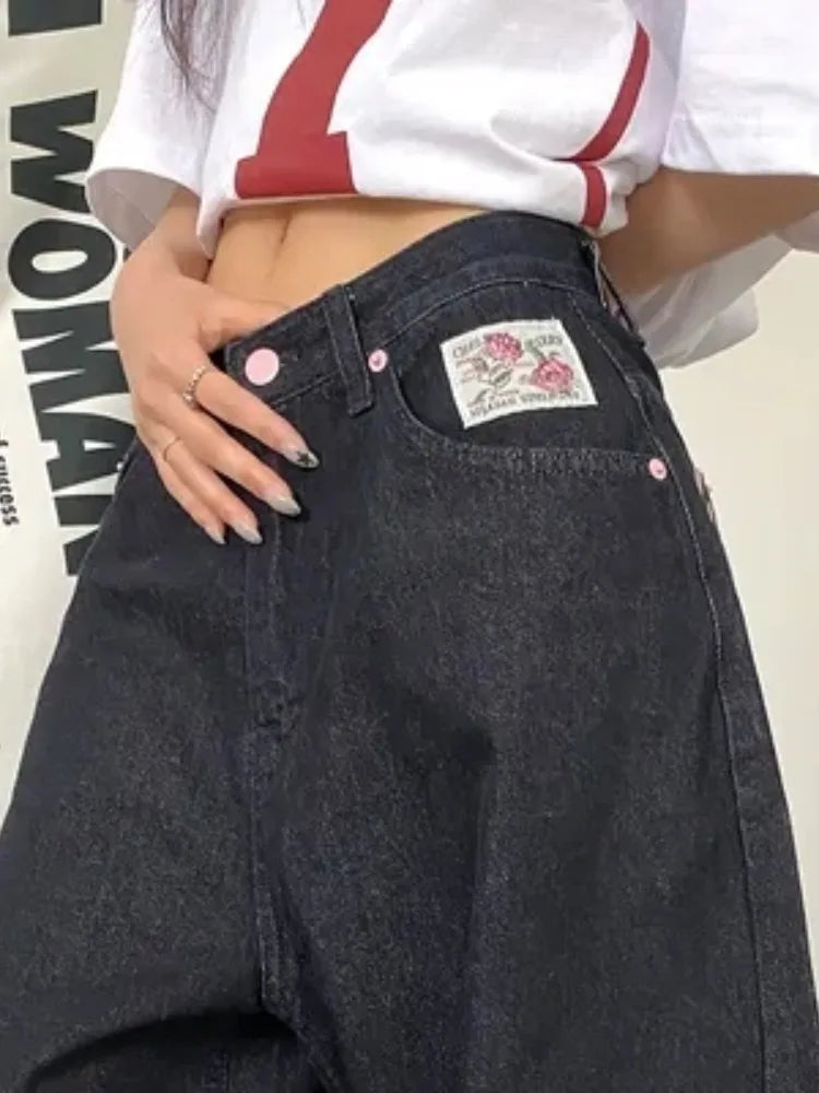 High Waist Straight Leg Bla Denim Jeans Women's Retro American Design kets Loose Fit Long Pants Slimming Effect